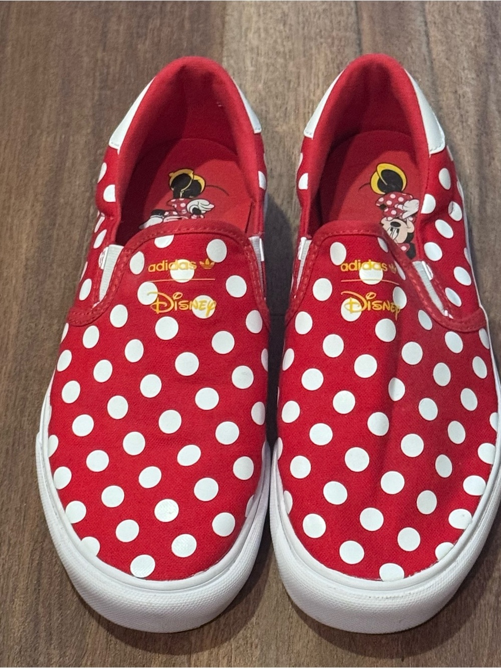 adidas Red and White Polka Dot Slip-On Sneakers - read about sizing